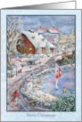 Merry Christmas with Farmhouse Red Barn Skater Winter Scene card