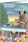Happy Birthday my Friend with Horse Bluebird Flowers Sunrise card