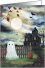 Happy Halloween with Night Sky Victorian House Ghost and Full Moon card