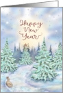Happy New Year with Snowy Morning Path into Pine Forest card