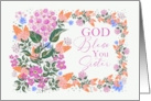 God Bless You Sister with Beautiful Frame of Illustrated Flowers card