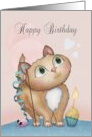 Happy Birthday with Cute Cat Cupcake Candle with Flame and Toys card