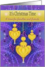It’s Christmas Time Golden Ornaments Purple Teal Background card