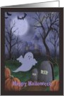 Happy Halloween Haunted House with Gravestones Ghost Full Moon card