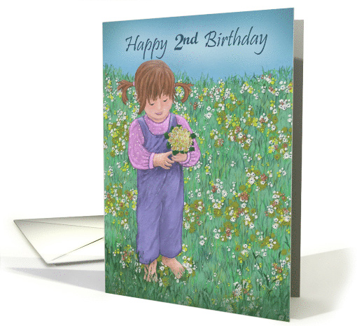 Happy 2nd Birthday with little girl holding flowers in field card