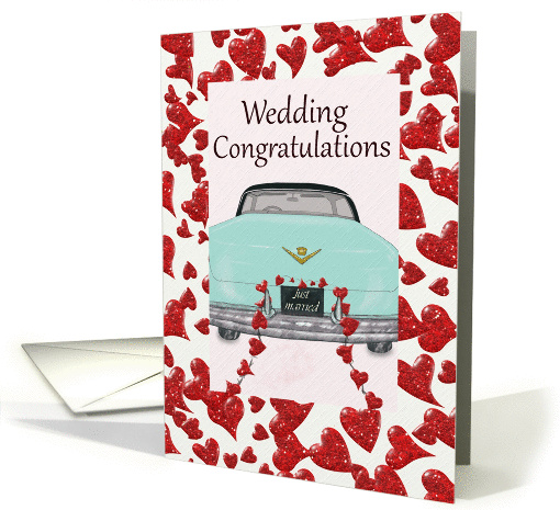 Wedding Congratulations with mint classic car and red hearts card