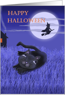 Happy Halloween with moon, witch and black cat card