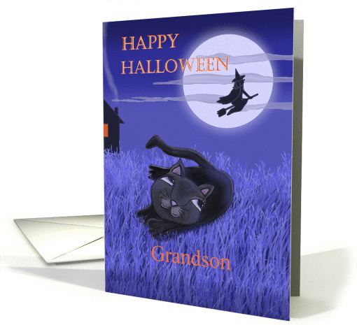 Happy Halloween Grandson with moon, witch and black cat card (1326312)
