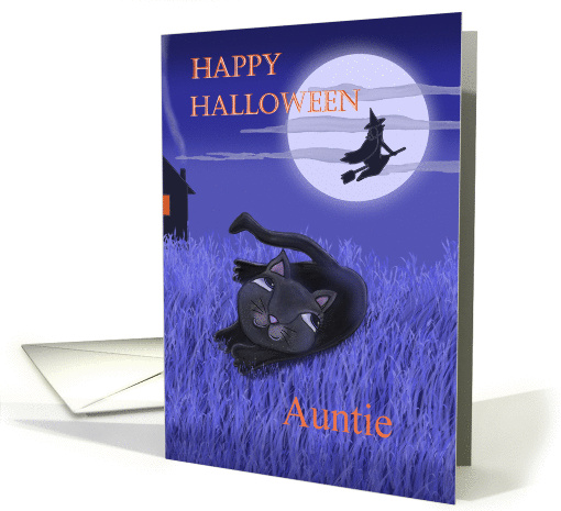 Happy Halloween Auntie with moon, witch and black cat card (1326326)