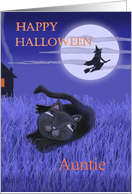 Happy Halloween Auntie with moon, witch and black cat card