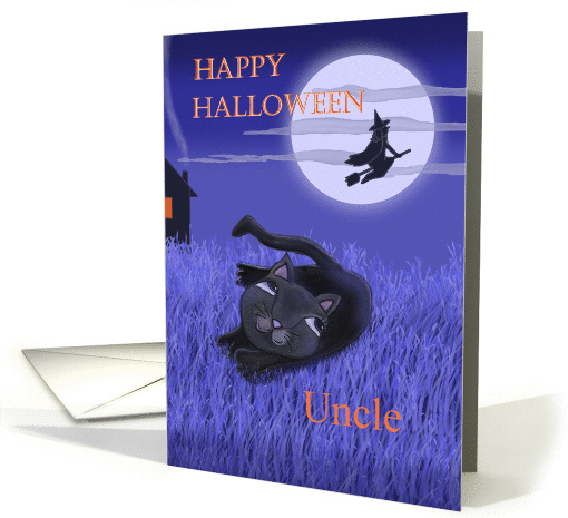 Happy Halloween Uncle with moon, witch and black cat card (1326328)