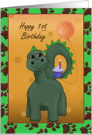 Happy First Birthday with dinosaur, cupcake, balloon and paw prints card