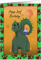 Happy Third Birthday with dinosaur, cupcake, balloon and paw prints card
