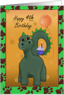 Happy Fourth Birthday with dinosaur, cupcake, balloon and paw prints card