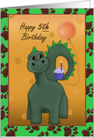 Happy Fifth Birthday with dinosaur, cupcake, balloon and paw prints card