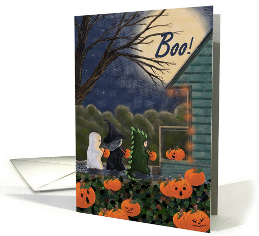 Boo! Halloween Card with three Trick or Treaters, pumpkins card