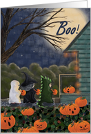 Boo! Halloween Card with three Trick or Treaters, pumpkins card