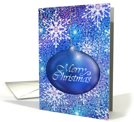 Merry Christmas with white snow ornaments and blue bulb card (1334632)