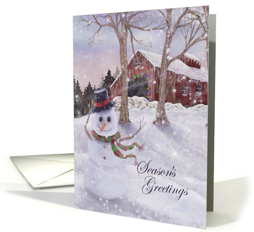 Season's Greetings with barn, winter scene, snowman card (1340470)