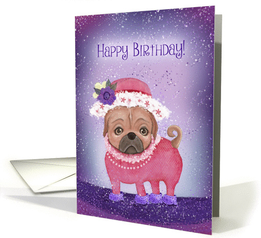 Happy Birthday Pug dressed up in tea party attire card (1348736)