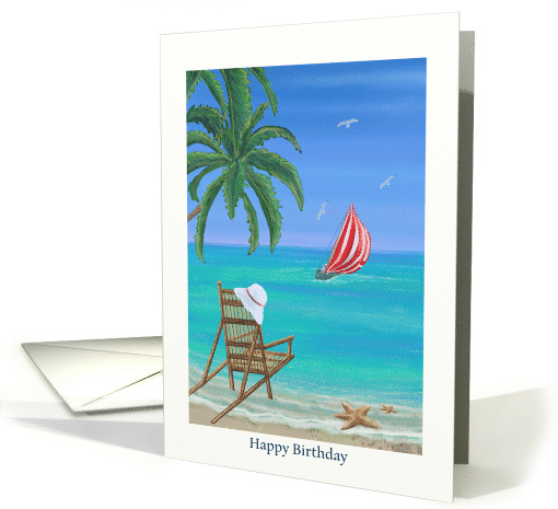 Beach and Sailing Birthday card with beach chair and gentle waves card