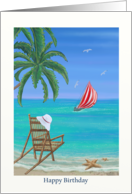 Beach and Sailing Birthday card with beach chair and gentle waves card