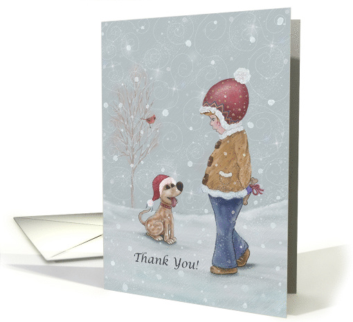 Thank you for the Christmas gift with boy and dog in snow card