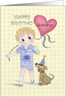 Happy birthday for relative with little boy, heart, and dog Grandma card