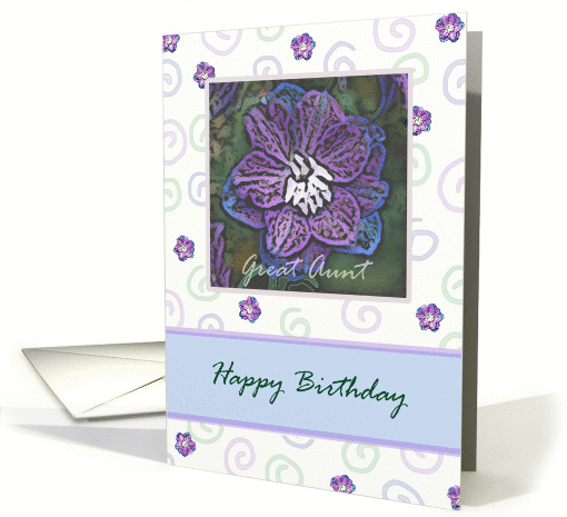Happy Birthday Great Aunt with Larkspur in blues and purples. card