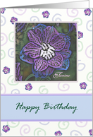 Custom Happy Birthday with Larkspur in blues and purples. card