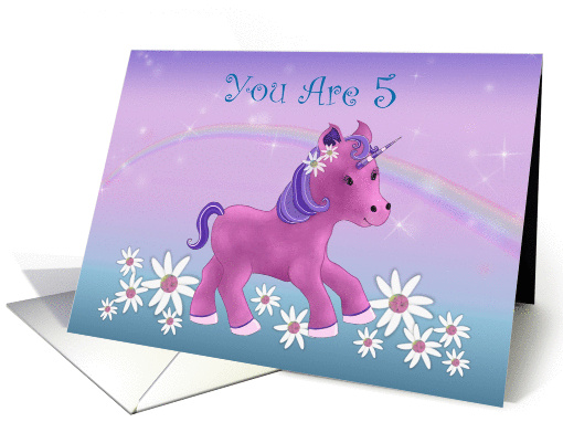 You are 5 birthday girl with unicorn and rainbow and flowers card