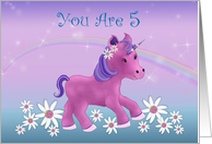 You are 5 birthday girl with unicorn and rainbow and flowers card