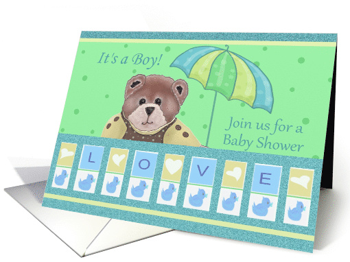 It's a boy! Join us for a baby shower with baby bear and umbrella card