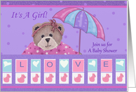 It’s a girl! Join us for a baby shower with baby bear and umbrella card