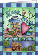 Your first home! Congratulations! Cute card with house, heart, candy card