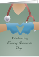 Celebrating Nursing Assistants Day with gloves, scrubs, stethoscope card