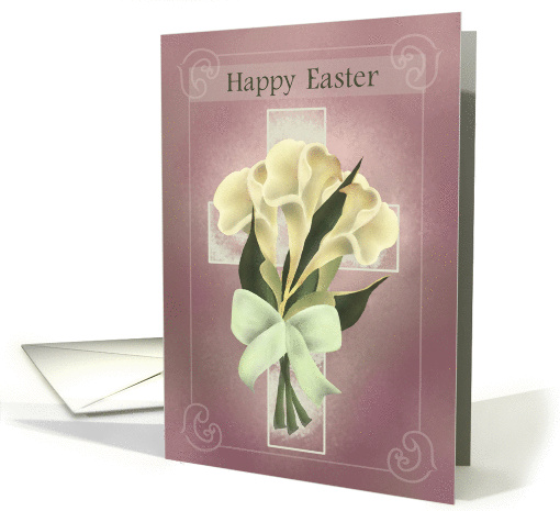 Happy Easter with Calla Lilies, Bow, Cross on Mauve Background card