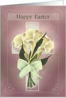 Happy Easter with Calla Lilies, Bow, Cross on Mauve Background card