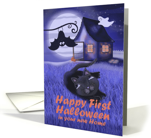 Happy First Halloween in your New Home with Black Cat, Ghost, Bat card