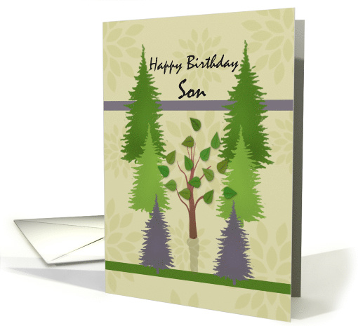 Happy Birthday Son with lone deciduous tree among pine trees card