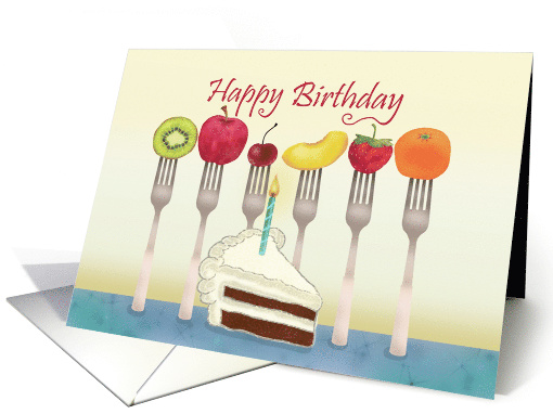 Happy birthday dietitian balanced with cake, fruit on forks card