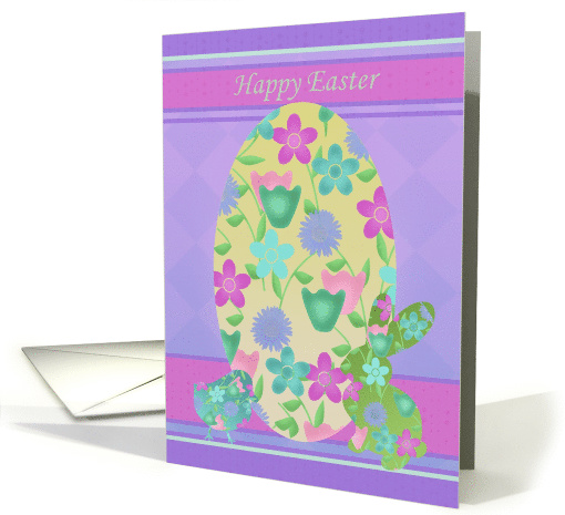 Happy Easter with Silhouettes of Egg, Bunny, Chick with Flowers card