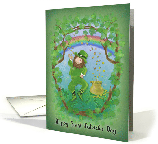 Happy Saint Patrick's Day Leprechaun Tossing Coins into Gold Pot card