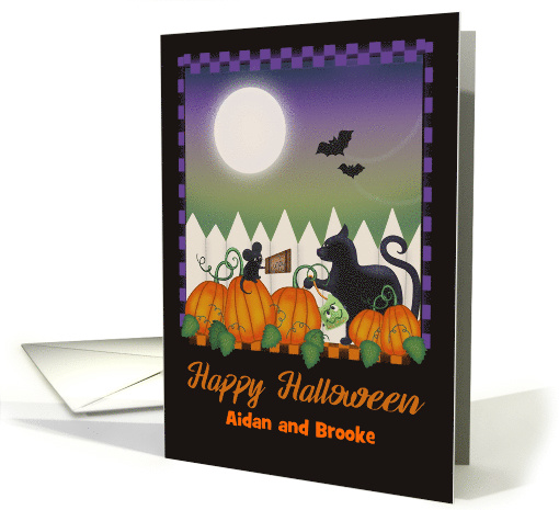 Personalized Halloween with Black Cat, Mouse, Pumpkin Patch, Moon card