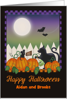 Personalized Halloween with Black Cat, Mouse, Pumpkin Patch, Moon card