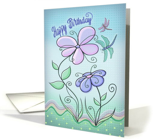 Happy Birthday with Flowers and Dragonflys Pen and Ink card (1476124)