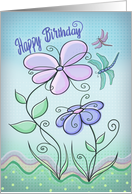 Happy Birthday with Flowers and Dragonflys Pen and Ink card