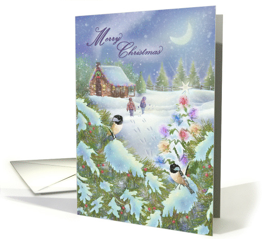 Merry Christmas Log Cabin in Woods, Night Scene Snow, Birds, Tree card