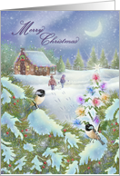 Merry Christmas Log Cabin in Woods, Night Scene Snow, Birds, Tree card