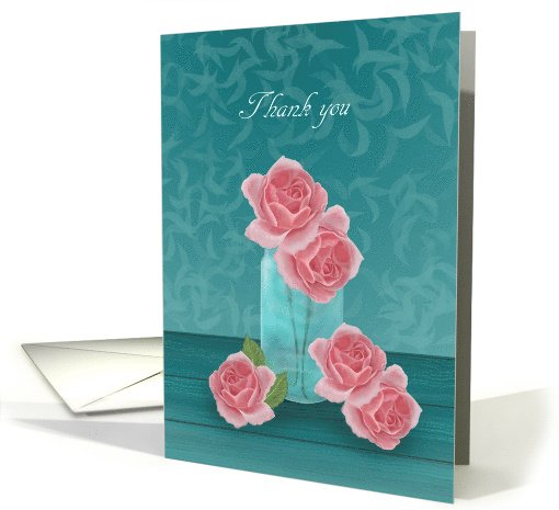 Thank you for the gift of flowers with roses, blue vase card (1496230)